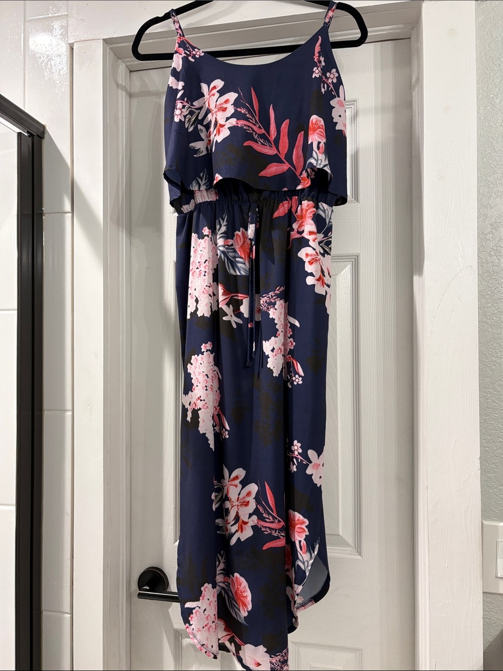 Navy Floral High-Low Maxi Dress with Pink Bloom